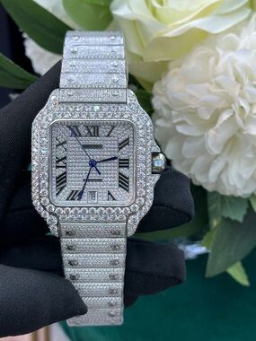 Men's Silver Fully Pave Crystal Square Dial Watch